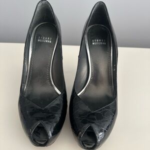 Stuart Weitzman Black Croc-Embossed Patent Peep-Toe Pumps